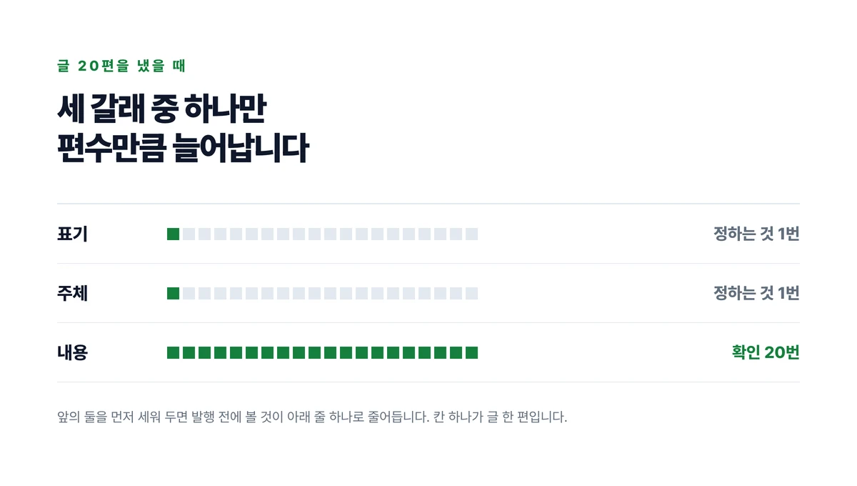 글 20편을 냈을 때 표기와 주체는 칸 하나만 차고 내용만 스무 칸이 전부 차는 것을 점 격자로 나타낸 도표