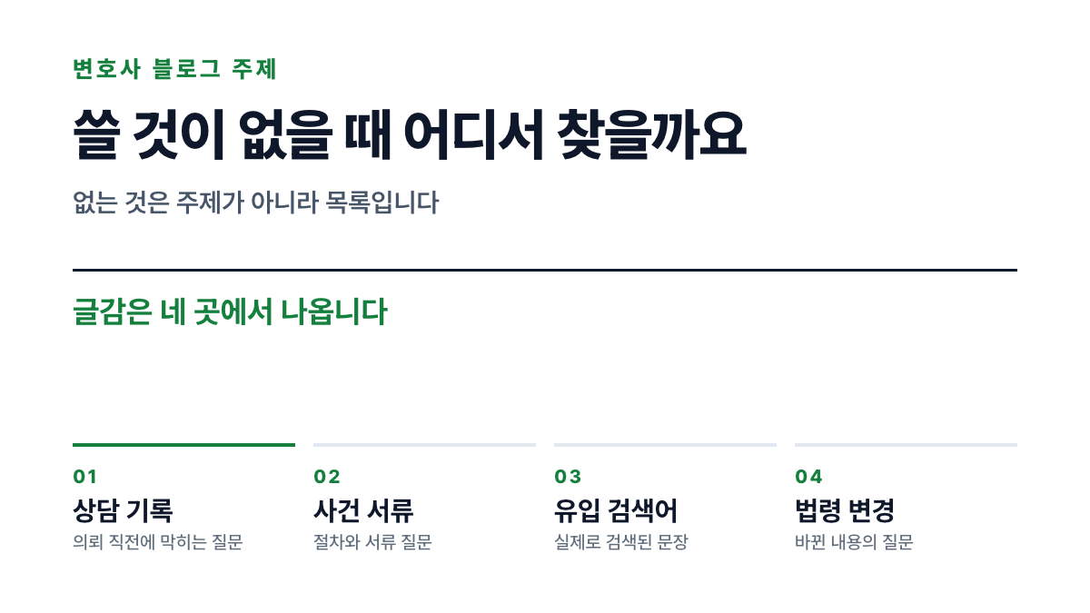 상담 기록과 사건 서류와 유입 검색어와 법령 변경 네 곳이 하나의 주제 목록으로 모이는 표지