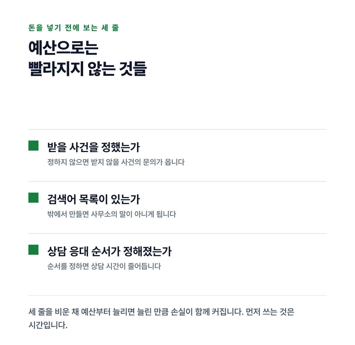 받을 사건 정하기와 검색어 목록과 상담 응대 세 줄을 확인 항목으로 세운 카드