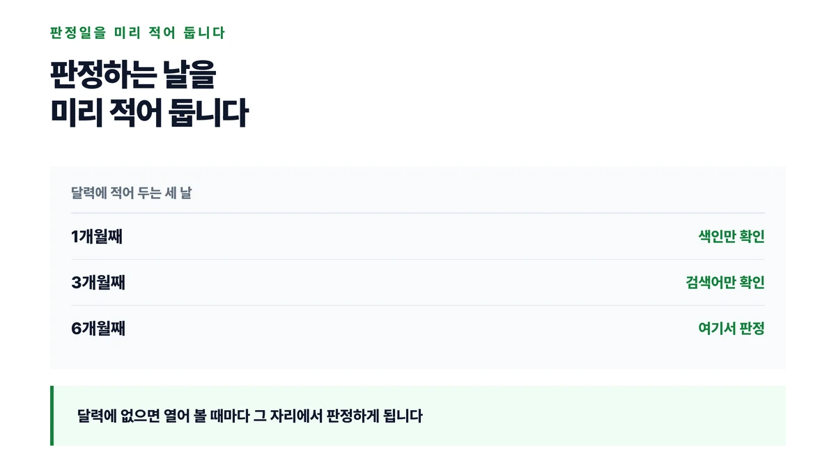 1개월과 3개월과 6개월에 각각 무엇만 확인할지를 달력에 미리 적어 두는 세 날로 나타낸 표지